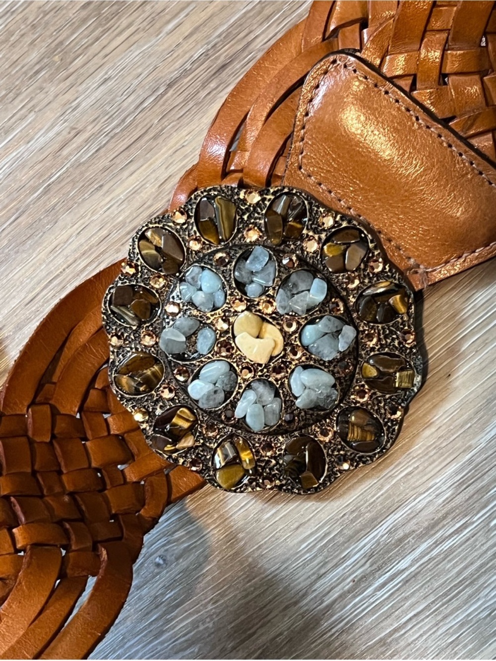 Leather rock Braided Leather Belt with Jeweled Round Buckle - Cognac Brown